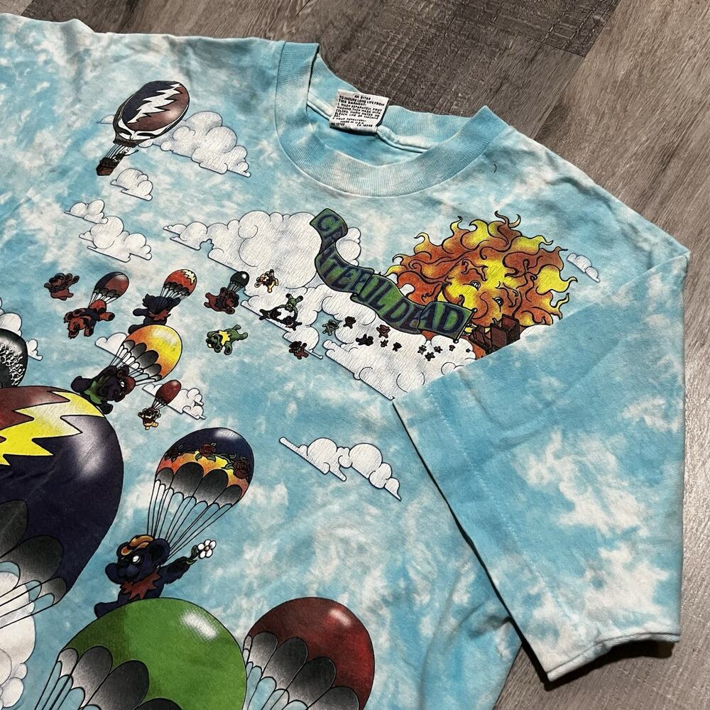 VTG Grateful Dead Liquid Blue AOP 1993 Parachuting Bears Tie Dye Shirt Size L - Picture 4 of 6